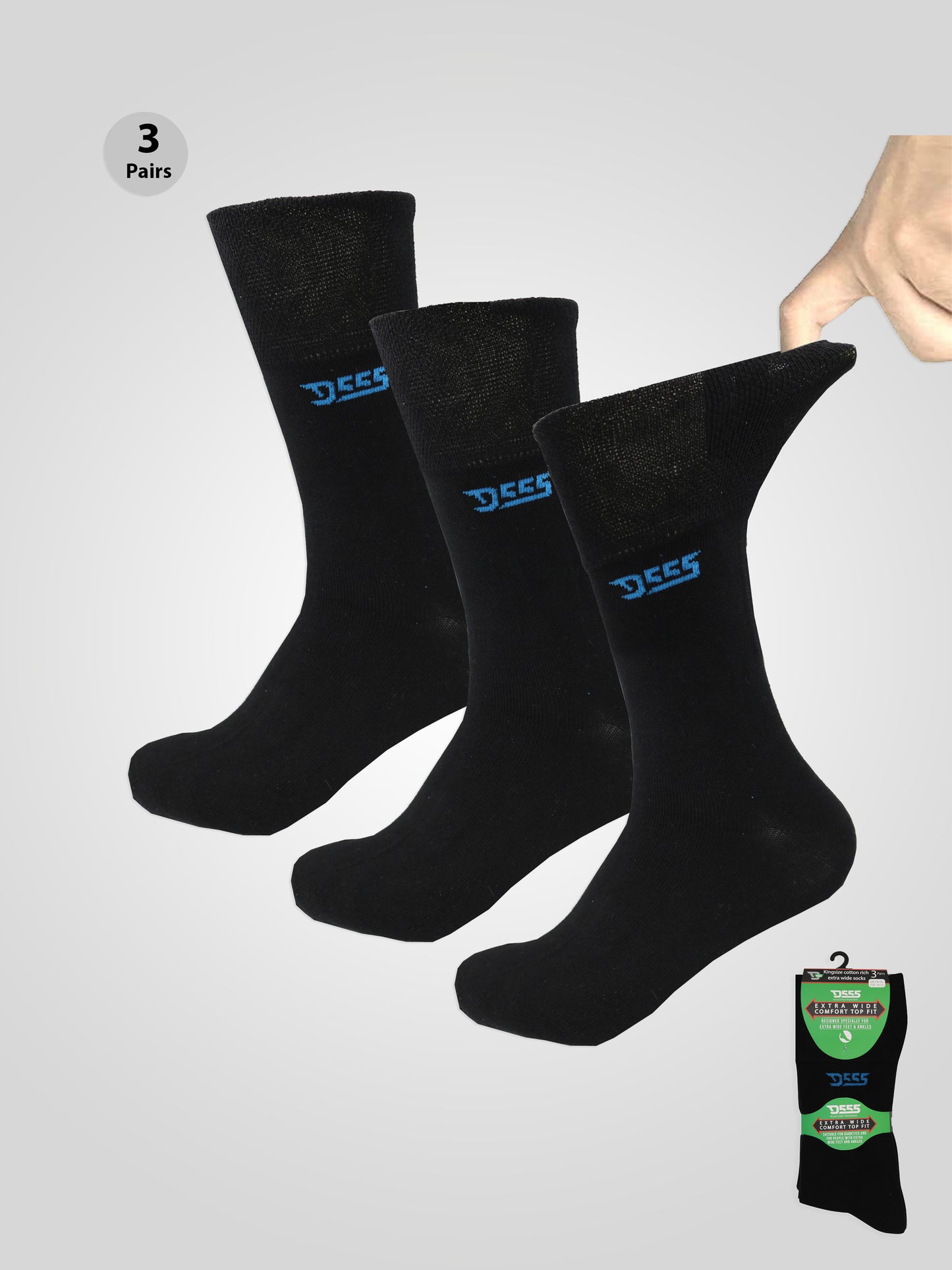 HAROLD 1 -D555 Black Pack Of 3 Extra Wide Comfort Fit Socks
