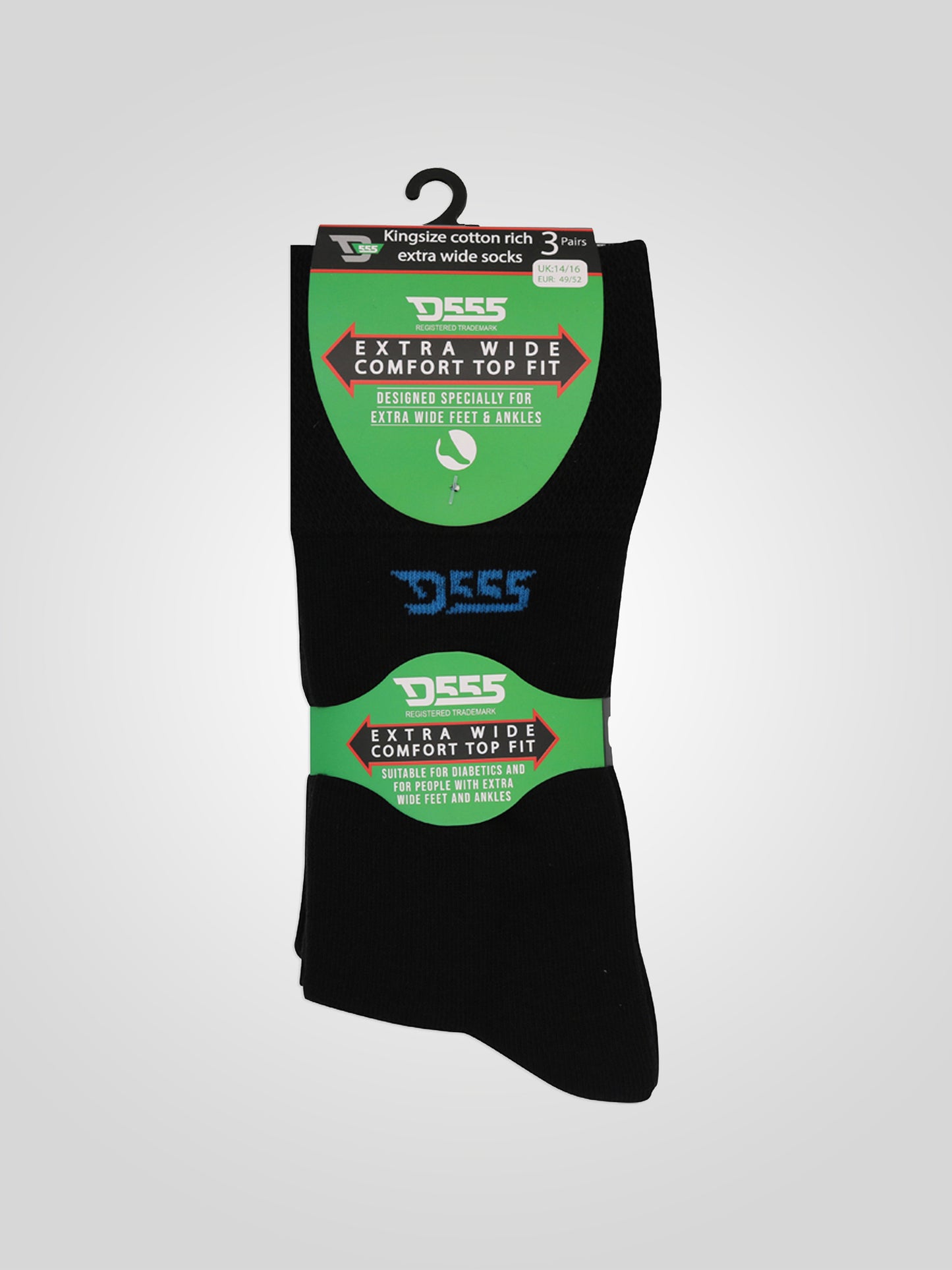 HAROLD 1 -D555 Black Pack Of 3 Extra Wide Comfort Fit Socks