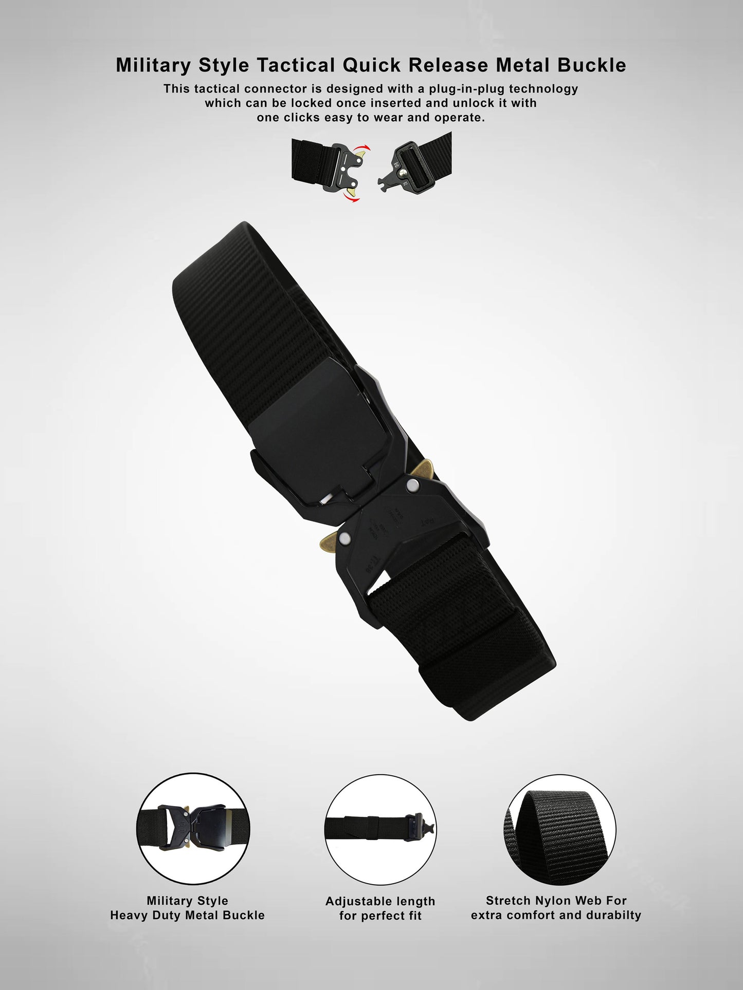 DALE 1 -D555 Black Heavy Duty Quick Release Buckle Tactical Stretch Webbing Belt