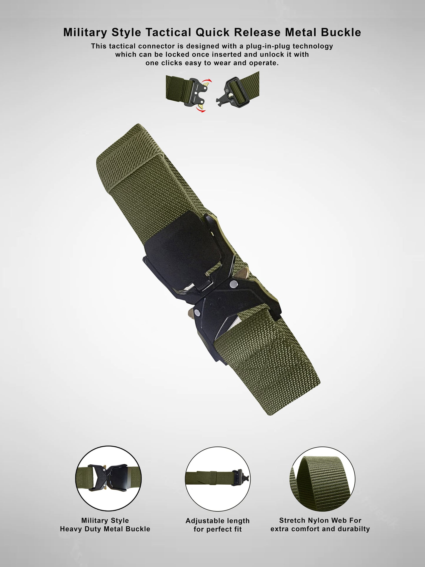 DALE 2 -D555 Khaki Green Heavy Duty Quick Release Buckle Tactical Stretch Belt