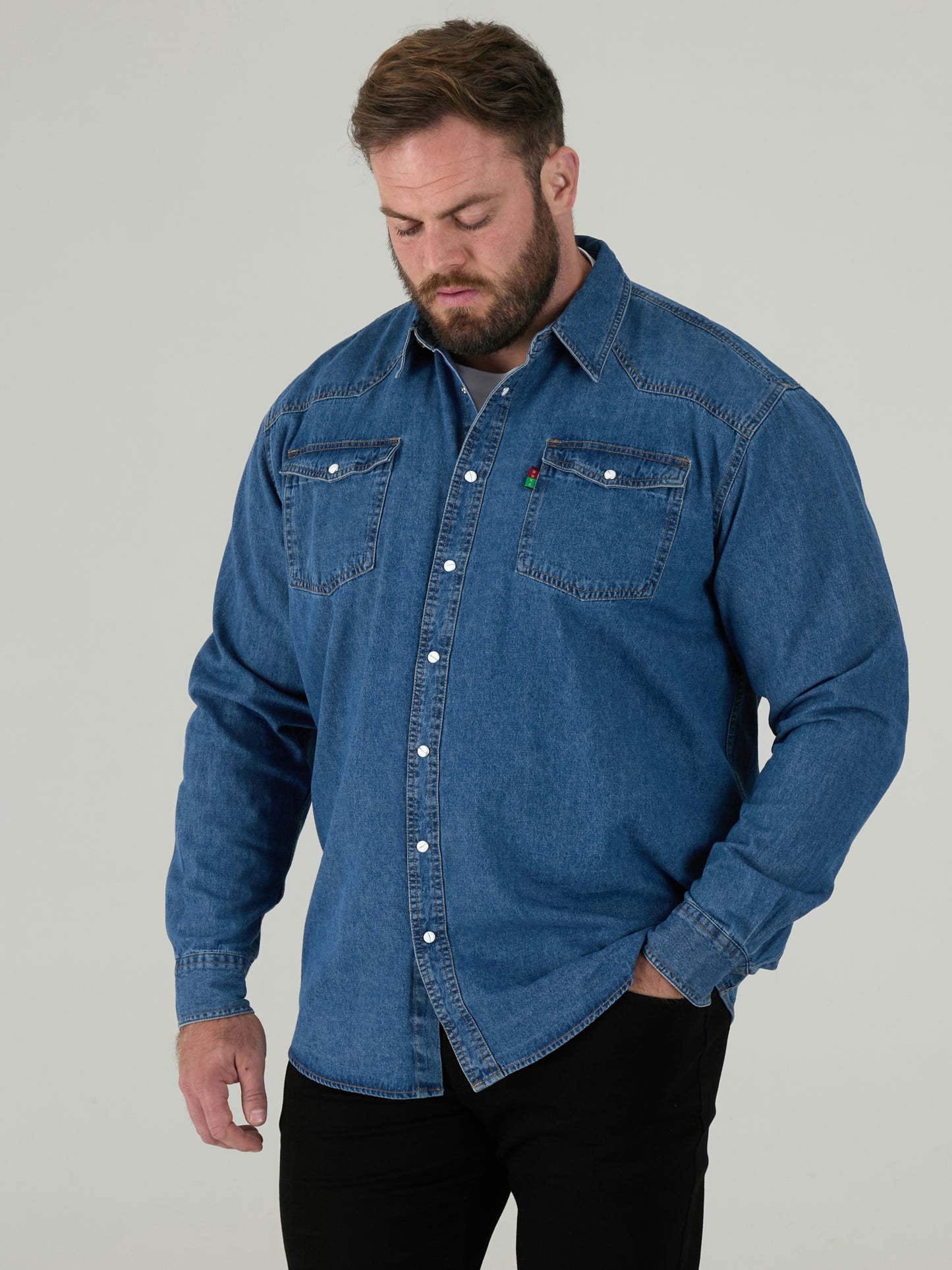 WESTERN -DUKE Blue Stonewash Western Style Long Sleeve Snap Fastening Denim Shirt