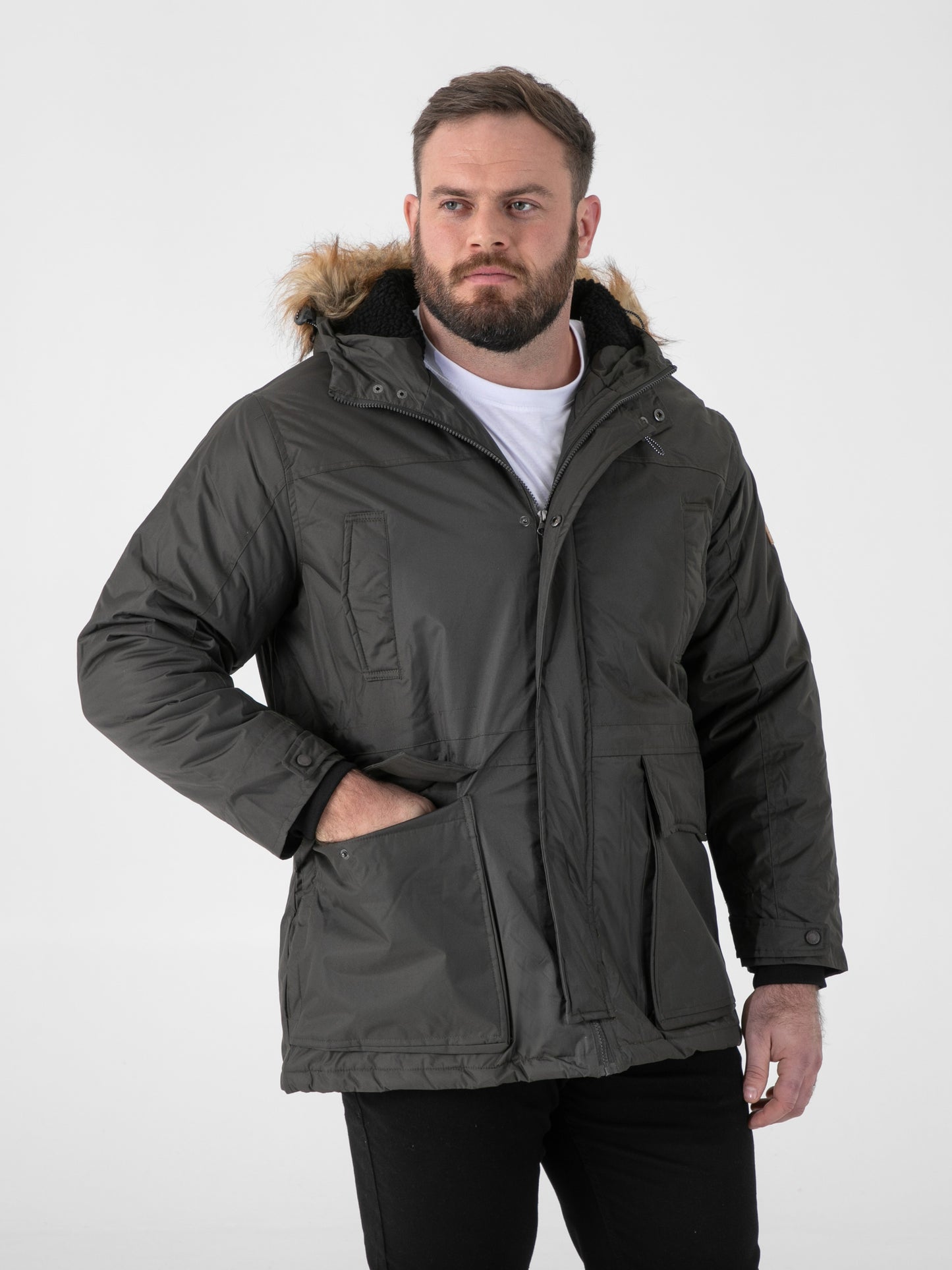 LOVETT -D555 Khaki Green Parka Style Jacket with Detachable Fur