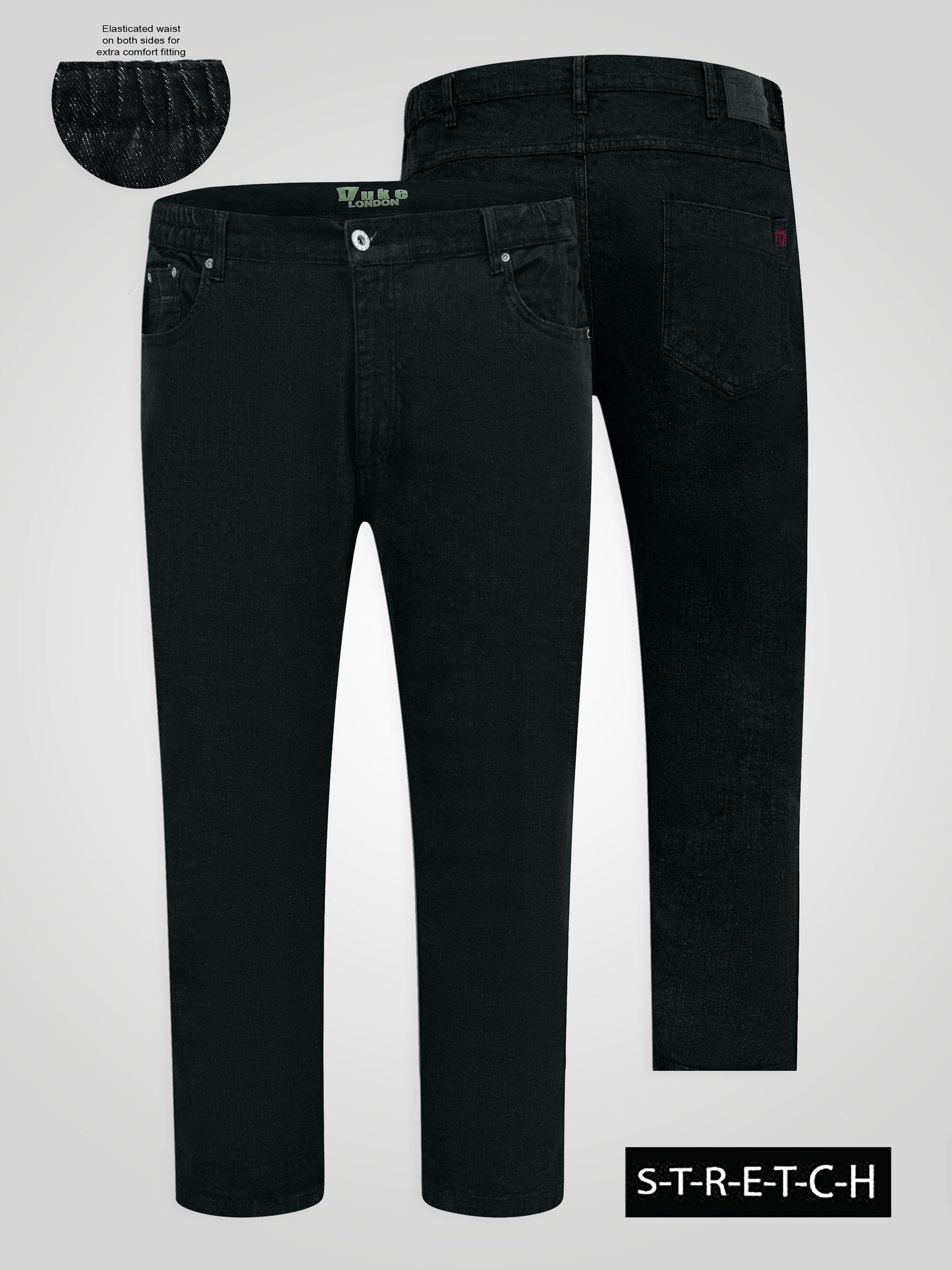 BALFOUR -DUKE Black Relaxed Comfort Fit Stretch Jeans with Elasticated Waist