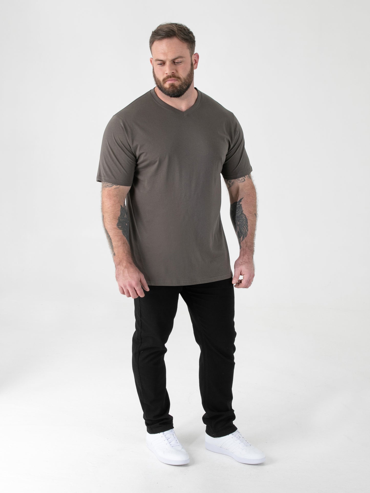 SIGNATURE -D555 Khaki Green Premium Weight Combed Cotton V Neck T-Shirt