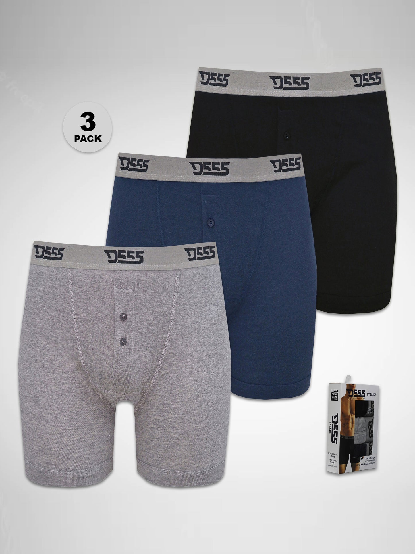 DRIVER 1 -D555 Black/Grey/Navy Pack Of 3 Cotton Boxer Short