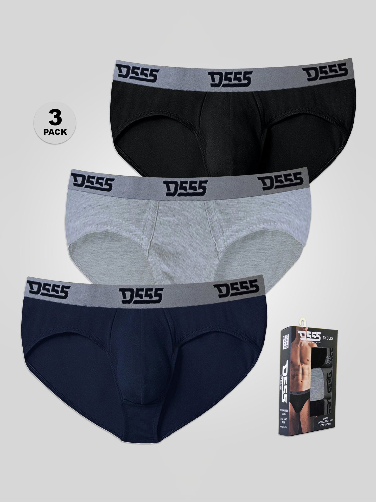 BRIEF -D555 Black/Grey/Navy Pack Of 3 Cotton Brief