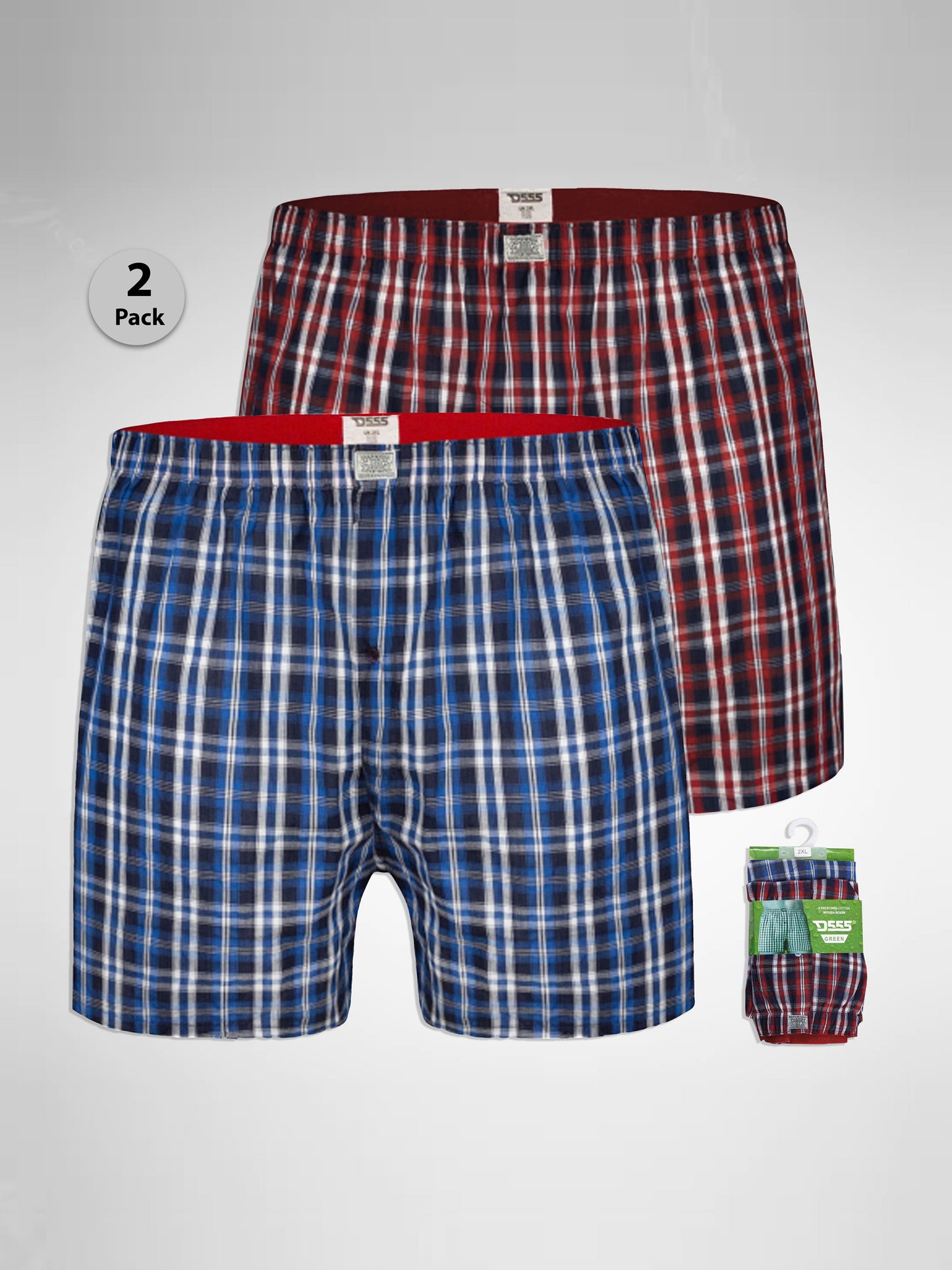 PLAID -D555 Navy/Red Pack Of 2 Woven Boxer Shorts