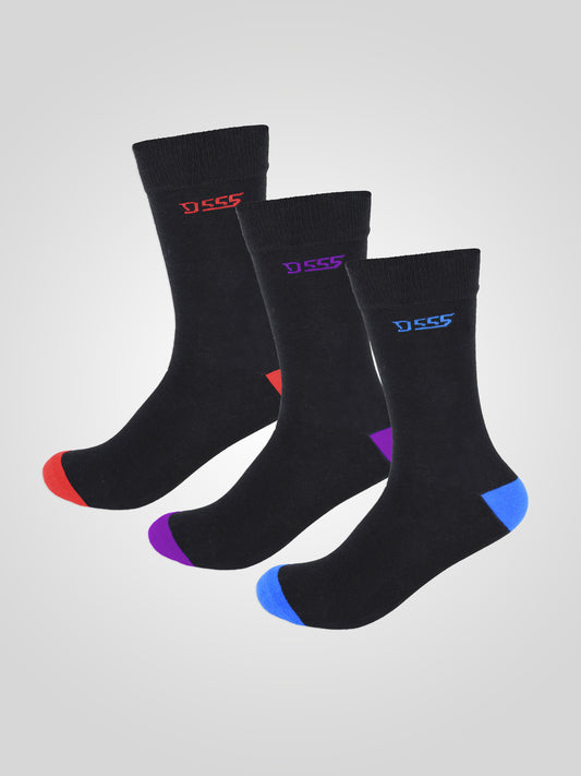 PHOENIX -D555 Black/Blue, Black/Red, Black/Purple Pack Of 3 Cotton Rich Socks