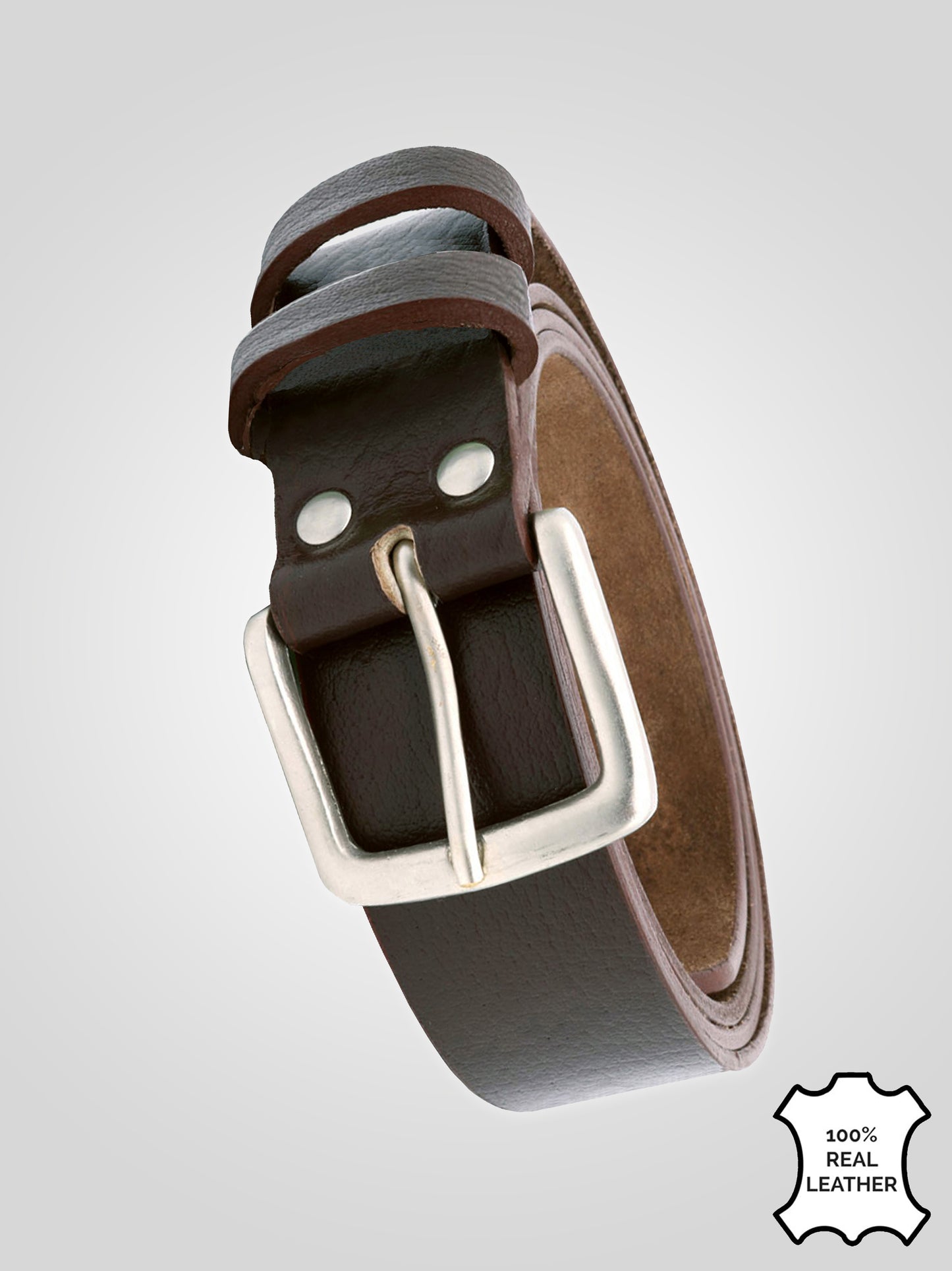LIAM-D555 Brown Hand Crafted Real Leather Hide Belt 3.7 Cm Width
