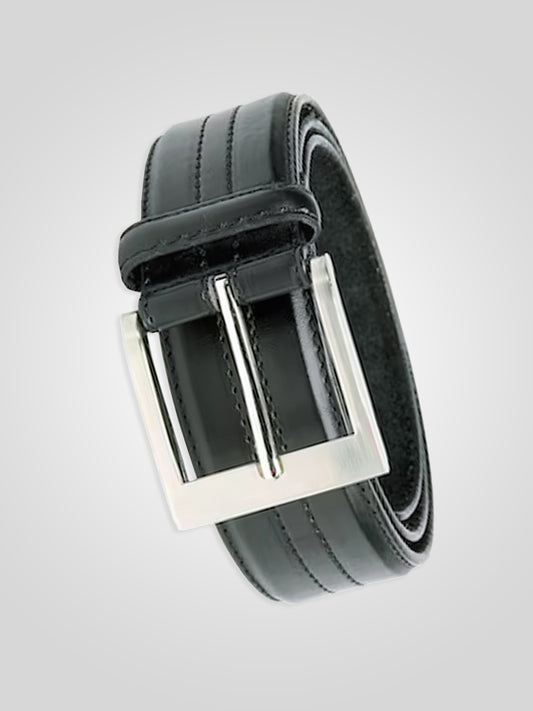 HARLEY -D555 Black Kingsize Four Stitch Line Square Buckle Belt 3.90 Cm Width