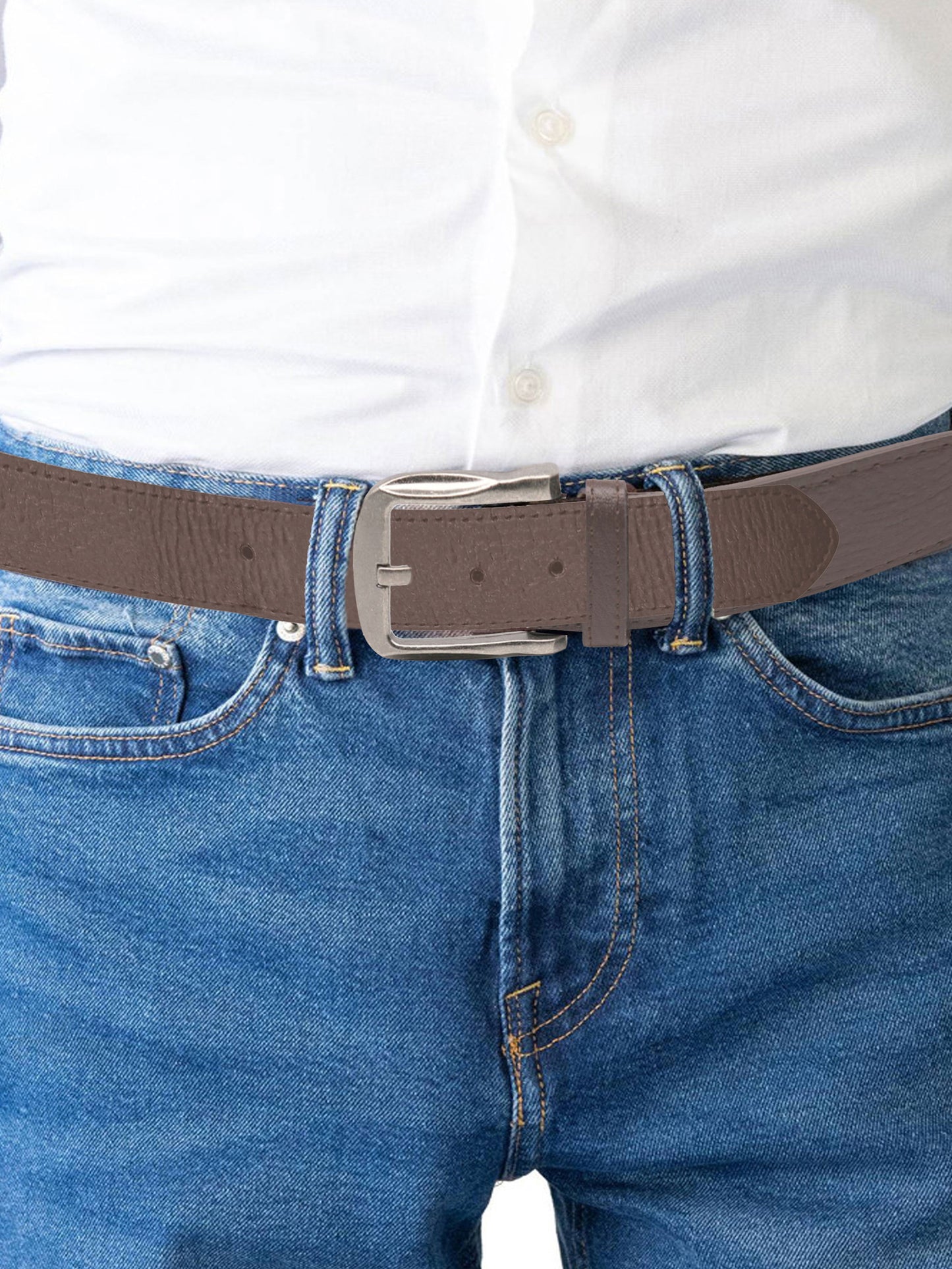 HARRISON -D555 Brown Large Buckle Bonded Leather Belt 3.9Cm Width