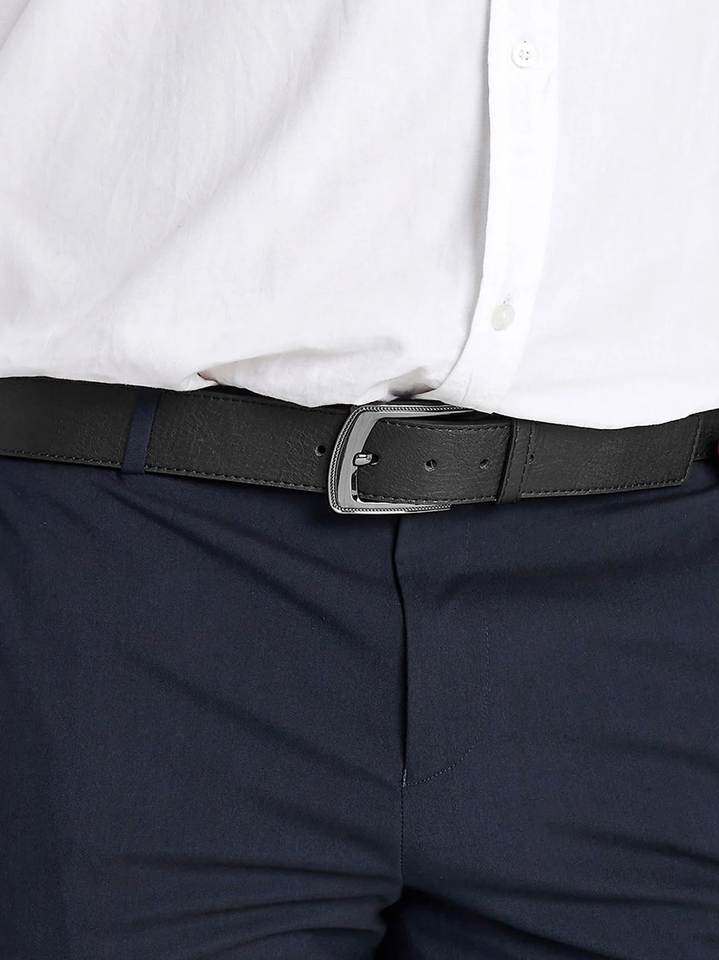 SAMUEL -D555 Black Large Buckle Bonded Leather Belt 3.9Cm Width